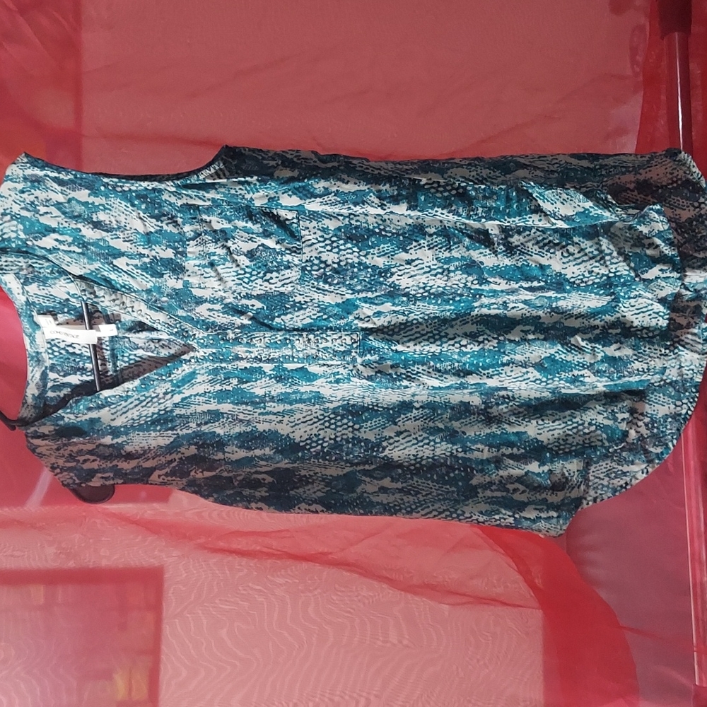 Turquoise and White Sleeveless Woman's Blouse Como Vintage Large